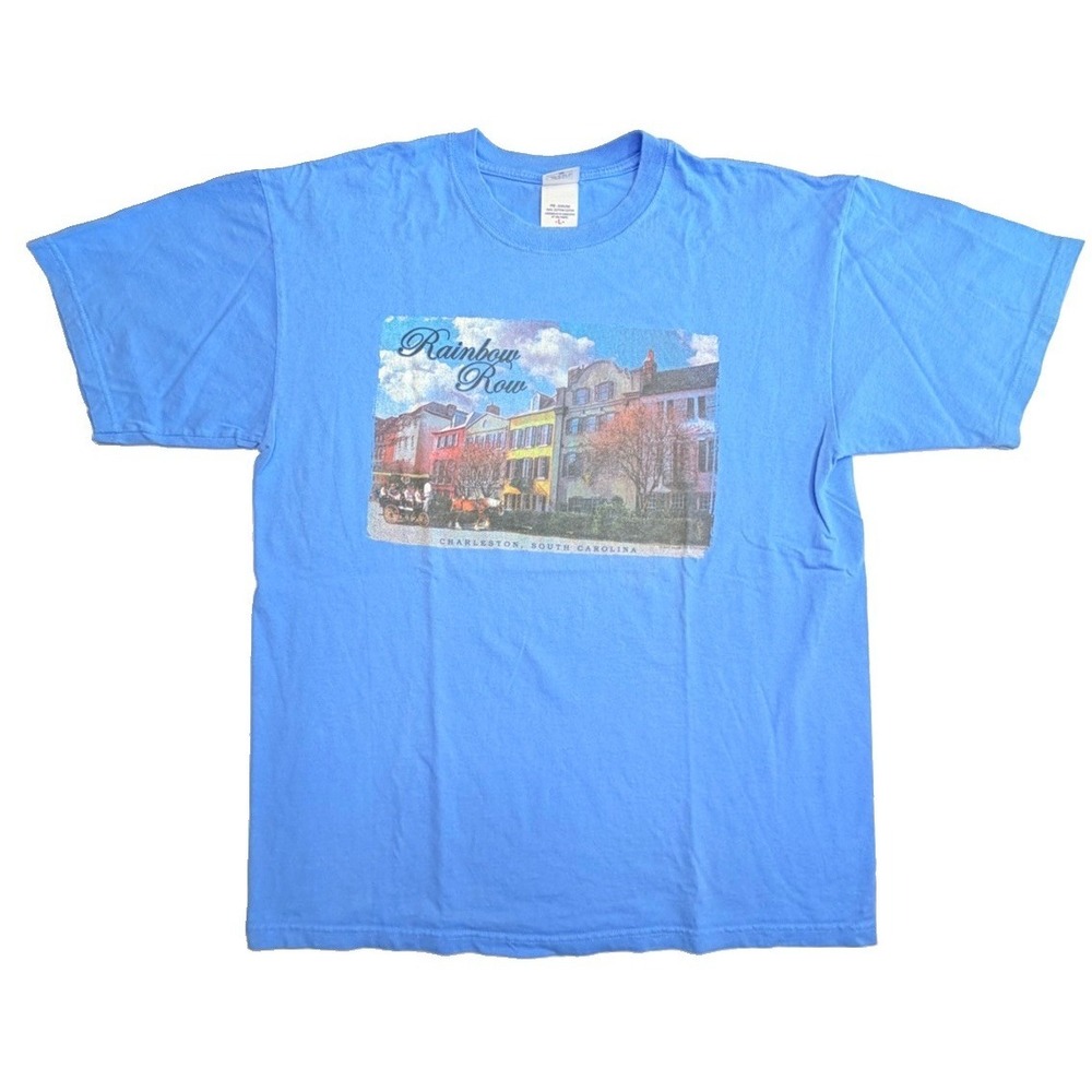Anvil Rainbow Row Charleston SC Graphic T-Shirt Large Blue 100% Cotton